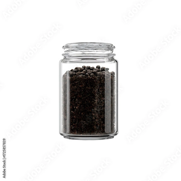 Fototapeta Whole peppercorns fill a clear glass jar, ready to add pungent flavor and aroma to culinary creations, enhancing dishes with spice.