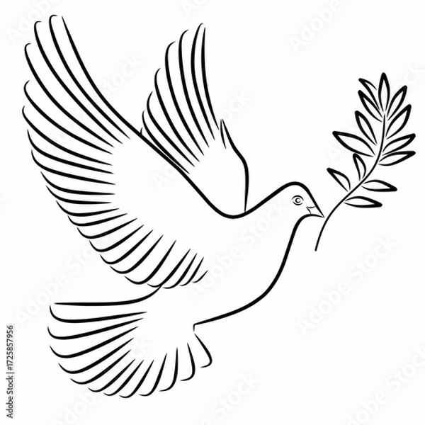 Fototapeta Flying dove with olive branch line art symbol. Vector outline bird icon representing peace, freedom, hope, love, Christianity, spirituality, and harmony design.