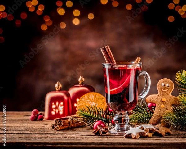 Obraz AI made christmas still life with mulled wine and gingerbread man