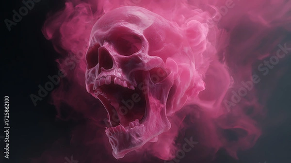 Fototapeta Horror concept of a screaming human skull dissolving into ethereal pink smoke