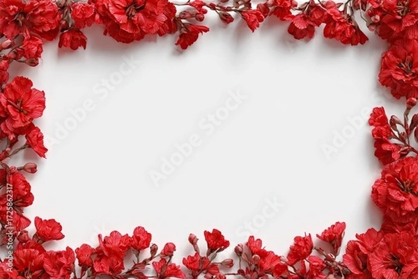 Fototapeta Red blossoms frame a white background (1)