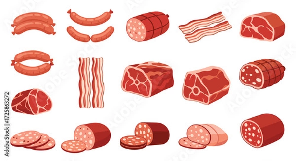 Fototapeta A diverse assortment of cured meats and processed meat products displayed in a pattern.