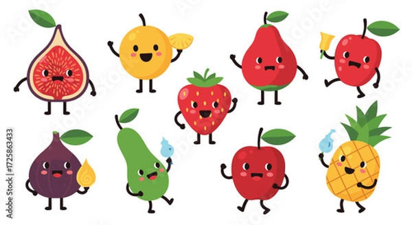 Fototapeta A delightful collection of happy and dancing cartoon fruits.