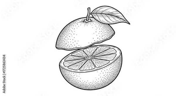 Fototapeta A drawing of a citrus fruit cut in half with leaves.