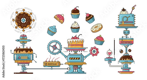 Fototapeta Illustrations of automated pastry production in a whimsical setting.