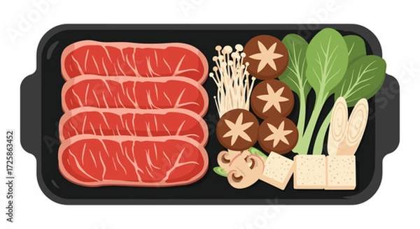 Fototapeta A top down view of thinly sliced raw beef steak with vegetables and tofu on a platter.