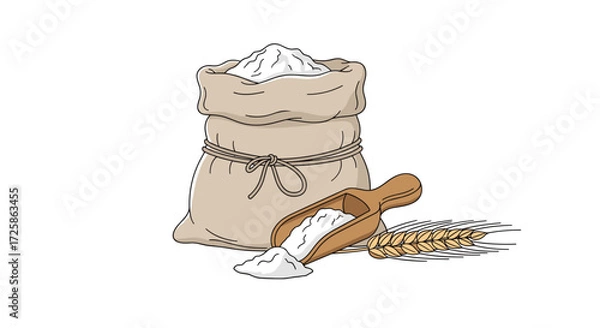 Fototapeta A sack full of wheat flour sits beside a wooden scoop with wheat grains.