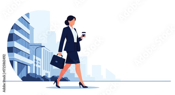 Fototapeta A businesswoman walks in the city with a briefcase and coffee.