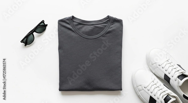 Obraz Minimal flat lay t-shirt mockup folded neatly on white surface with sunglasses and sneakers. Perfect for fashion branding, apparel design, clothing template, and lifestyle presentation