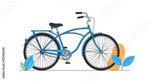 Fototapeta A blue cruiser bicycle with a rack parked outdoors with some green leaves and an orange circle in the background.