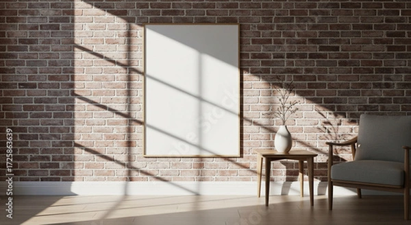 Obraz Modern poster mockup on brick wall with soft natural light and shadows, perfect for interior design, branding, artwork display, advertising template, and creative presentation