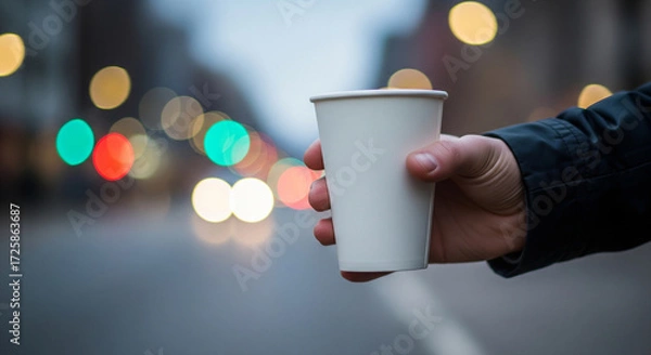 Obraz Paper cup mockup held by hand in vibrant urban street with glowing bokeh lights, perfect for branding, coffee shop design, packaging presentation, and creative marketing showcase.