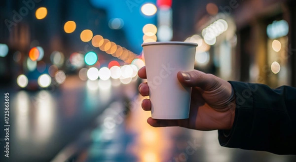 Obraz Paper cup mockup held by hand in vibrant urban street with glowing bokeh lights, perfect for branding, coffee shop design, packaging presentation, and creative marketing showcase.