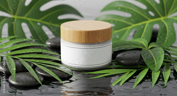 Obraz Cosmetic jar mockup on spa stones with leaves and water drops, perfect for skincare branding, natural beauty design, wellness presentation, and organic cosmetic product showcase