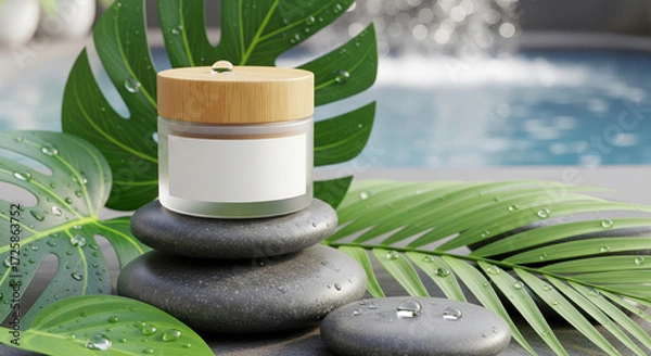 Obraz Cosmetic jar mockup on spa stones with leaves and water drops, perfect for skincare branding, natural beauty design, wellness presentation, and organic cosmetic product showcase