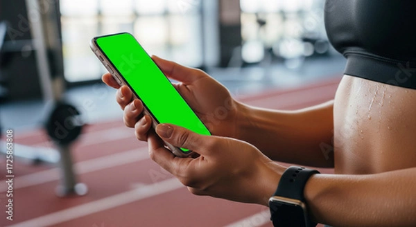 Obraz Smartphone fitness app mockup in athlete’s hand, perfect for health tracking, workout branding, sports technology presentation, mobile interface showcase, and active lifestyle promotion