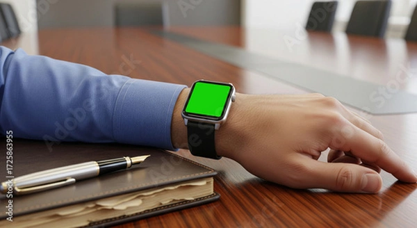 Obraz Smartwatch mockup on businessman’s wrist during meeting, modern wearable tech for branding, productivity, lifestyle, corporate presentation, and digital device showcase in professional environment