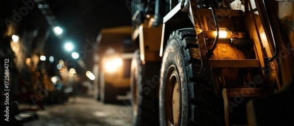 Fototapeta Heavy machinery wheel loader in underground mine tunnel with dim lighting, showcasing industrial equipment and mining operations Concept of construction and engineering