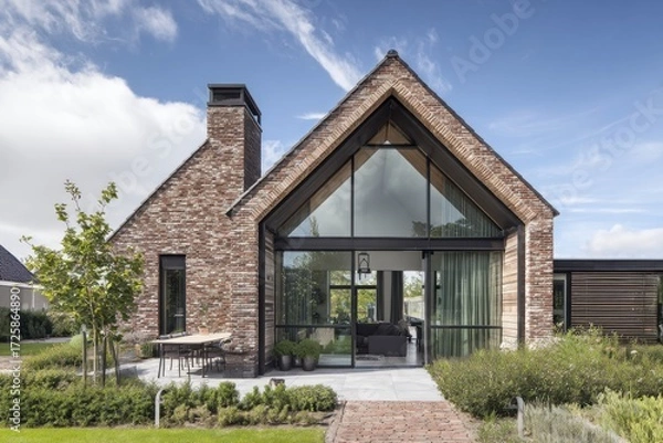 Fototapeta A contemporary brick residence featuring expansive windows is beautifully nestled amidst lush greenery, creating a peaceful atmosphere during daylight hours