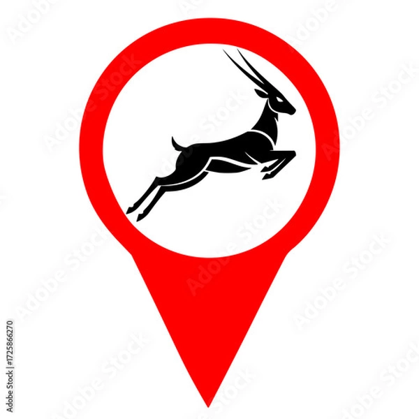 Fototapeta Antelope habitats: A black silhouette of an antelope jumping inside a red location anchor vector icon