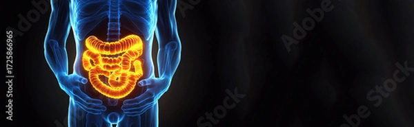 Fototapeta gastrointestinal tract within a man body. gastrointestinal tract anatomy black background. human body internal anatomy copy space. digestive system medical banner