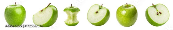 Fototapeta Green Apple PNG Fruit Pack .Whole, Sliced, Half, Core and Bitten Apple Isolated on Transparent Background