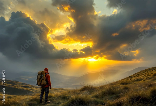 Fototapeta Hiker with backpack stands on grassy hillside watching dramatic golden sunset breaking through heavy storm clouds casting glowing light across distant rolling mountains and mist filled valleys