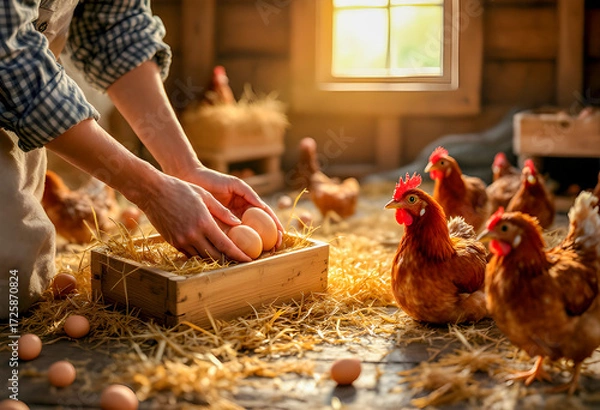 Fototapeta A farmer gently collects fresh eggs from a wooden nest box as golden sunlight fills the rustic barn with curious brown hens roaming the straw covered floor in a warm morning scene