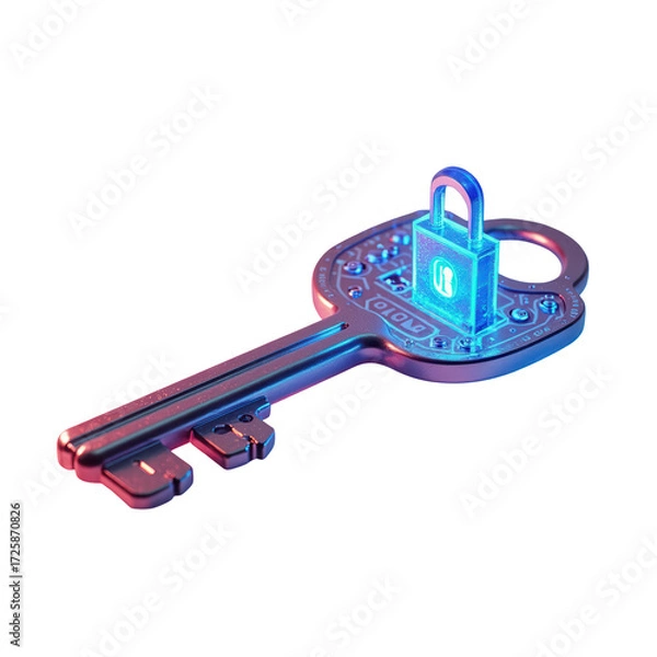 Fototapeta A metallic key, digitally illuminated with a glowing lock graphic, showcases innovation in security solutions.