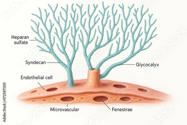 Obraz Illustration of the glycocalyx lining a microvascular endothelial cell, showing syndecan and heparan sulfate molecules.