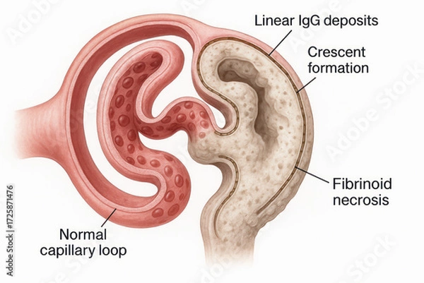 Obraz Anatomical illustration depicting a nephron's glomerulus showing normal capillary loops and signs of disease such as crescent formation, linear IgG deposits, and fibrinoid necrosis.