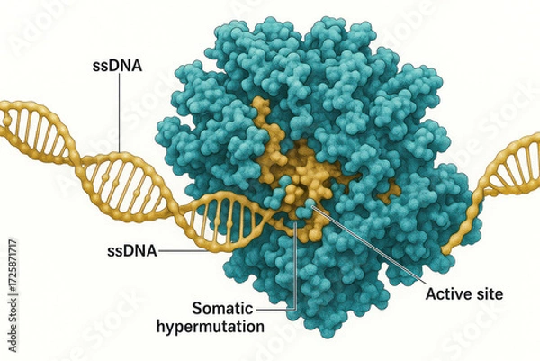 Obraz Molecular illustration of somatic hypermutation in DNA repair, showing ssDNA interacting with an enzyme at its active site.