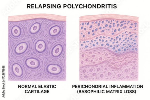 Obraz Illustration comparing normal elastic cartilage to perichondrial inflammation in relapsing polychondritis.