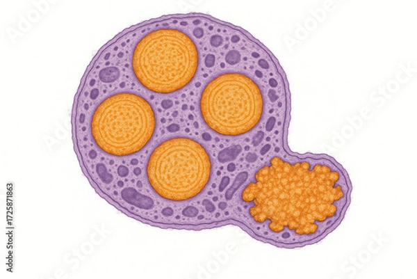 Obraz Stylized illustration of a cell with multiple internal structures, including four large circular granules and a cluster of smaller granules. The cell membrane is depicted in purple with intricate deta