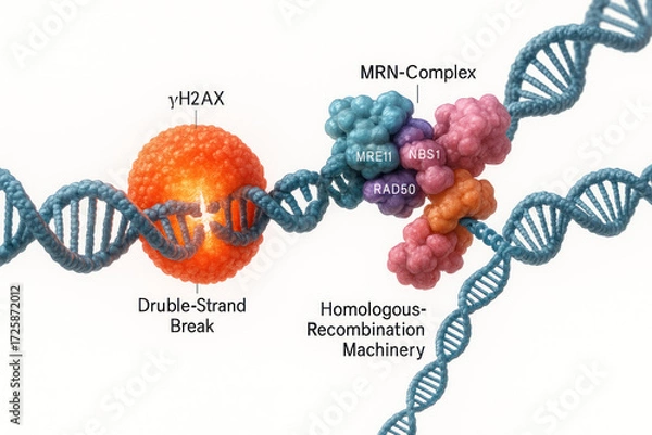 Obraz Molecular illustration of DNA double-strand break and homologous recombination repair machinery, including gammaH2AX and MRN complex with MRE11, RAD50, and NBS1 proteins.
