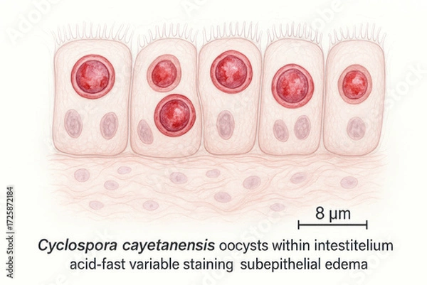 Obraz Microscopic illustration of Cyclospora cayetanensis oocysts within the intestithelium, showing acid-fast variable staining and subepithelial edema.