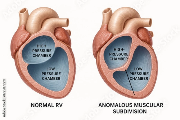 Obraz Medical illustration comparing a normal right ventricle with an anomalous muscular subdivision, highlighting pressure chambers.