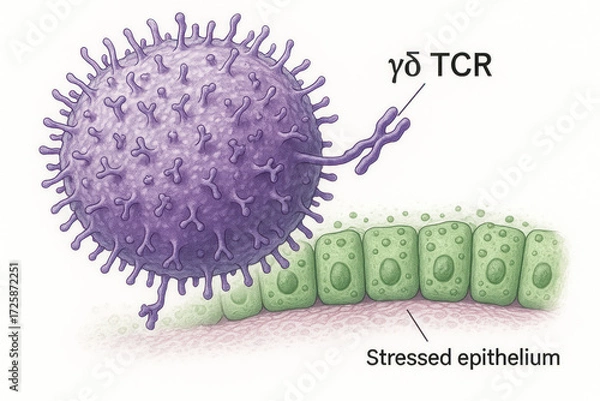 Obraz Illustration of a gamma delta T cell interacting with a stressed epithelial cell