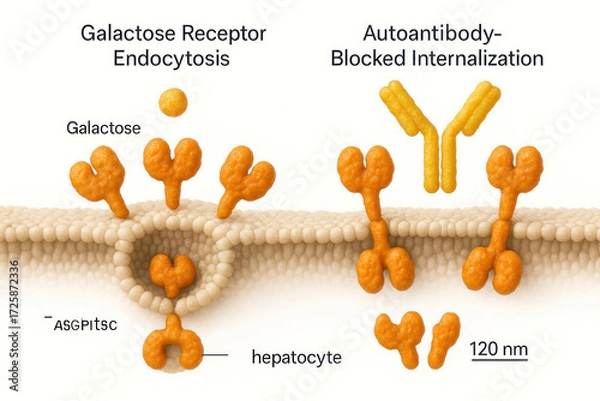 Obraz Scientific illustration of galactose receptor endocytosis and autoantibody-blocked internalization in hepatocytes, showing the molecular mechanisms of cellular uptake and inhibition.