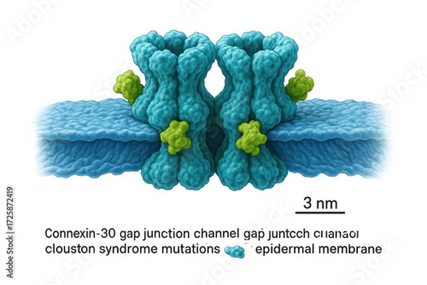 Obraz Microscopic view of Connexin-30 gap junction channel mutations within the epidermal membrane, showing protein structures and scale bar.
