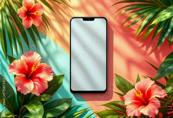 Fototapeta Smartphone mockup centered with blank white screen surrounded by lush tropical palm leaves and vibrant pink hibiscus flowers on a split pastel coral and teal background with soft shadows