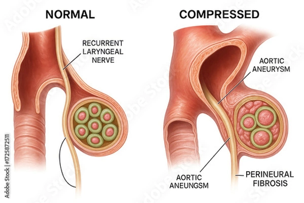 Obraz Medical illustration comparing a normal recurrent laryngeal nerve with one compressed by an aortic aneurysm and perineural fibrosis.