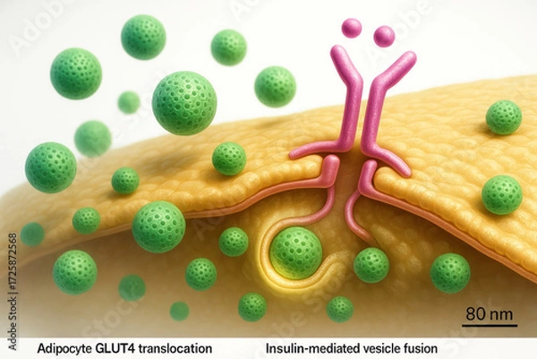 Obraz Scientific illustration of adipocyte GLUT4 translocation and insulin-mediated vesicle fusion, showing glucose transporter vesicles fusing with the cell membrane.