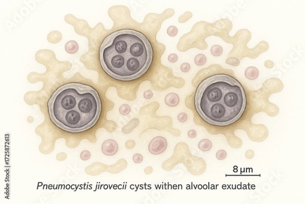 Obraz Microscopic illustration of Pneumocystis jirovecii cysts within alveolar exudate, depicting the fungal organism and surrounding biological material.