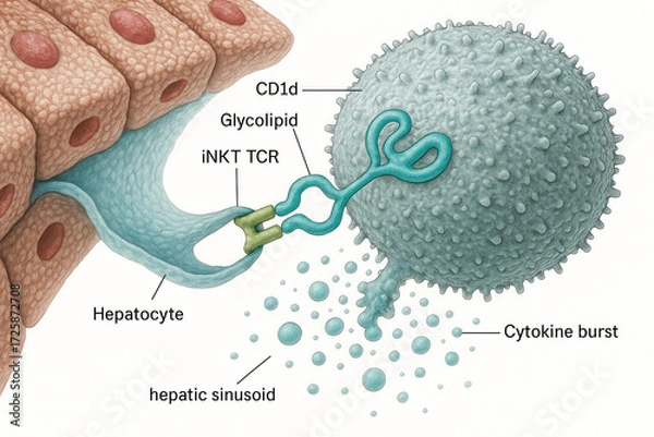 Obraz Illustration of a hepatocyte interacting with an iNKT cell in the hepatic sinusoid, leading to a cytokine burst.