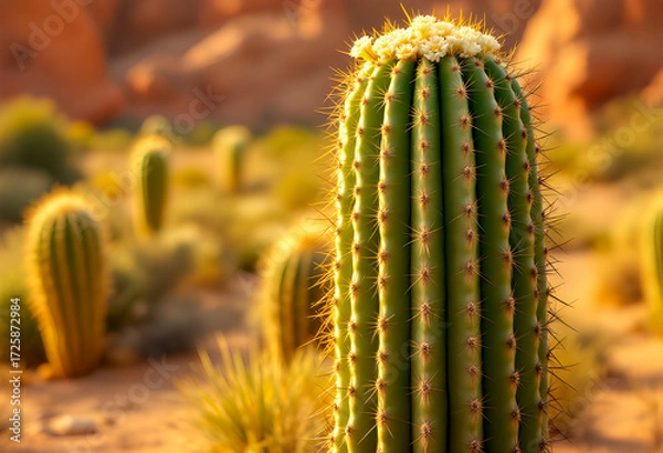 Fototapeta Tall desert cactus with vertical ridges sharp spines and small yellow flowers blooming at the top glowing warmly under golden sunlight against a blurred arid rocky background with other cacti