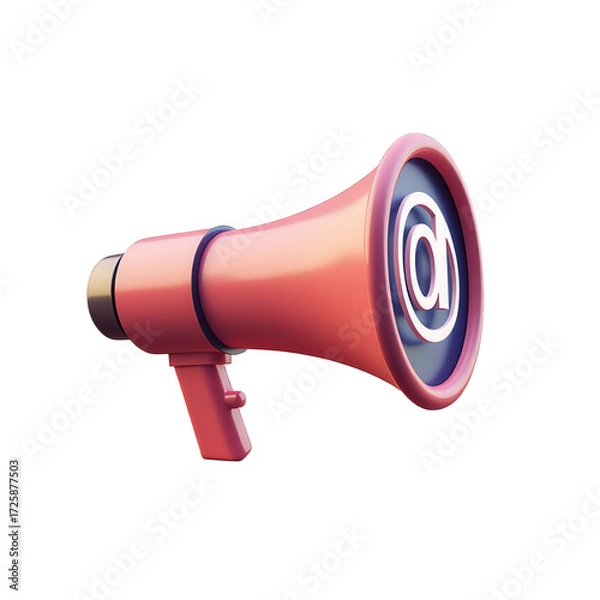 Fototapeta A bright pink megaphone, angled and focused, with a prominent at-sign symbol on its dark blue-edged bell, projects a message against a black backdrop.