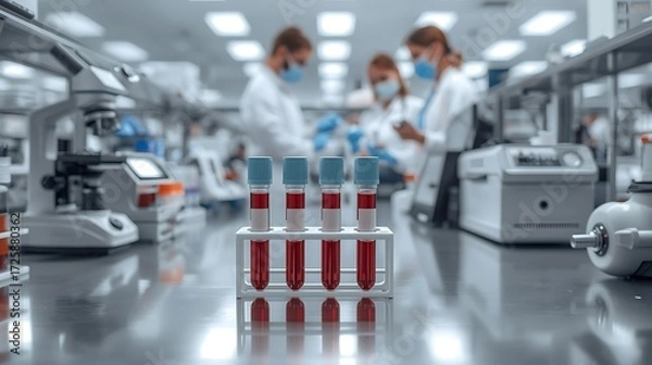 Fototapeta Blood collection test tubes sit on a laboratory counter amidst medical equipment such as a microscope, centrifuge, and an automated analyzer, against a blurred background of a diagnostic laboratory.