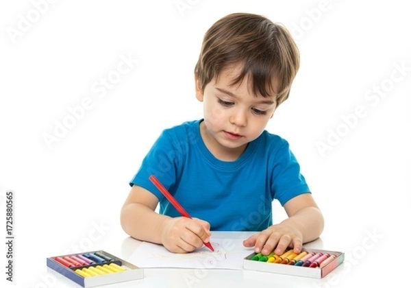 Fototapeta Concentrated young boy creating colorful artwork with crayons on white surface