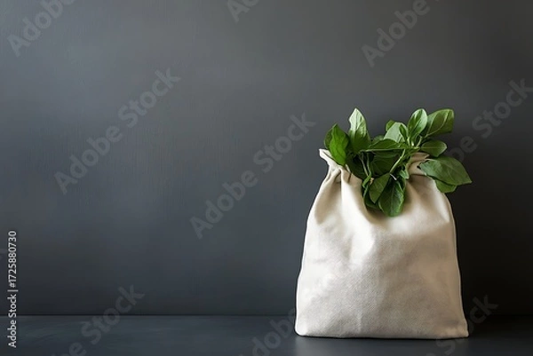 Fototapeta A minimalist still life featuring a canvas bag filled with fresh green leaves against a gray background, conveying a sense of natural simplicity.